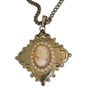 Art Deco 120 / 12K GF  Pendant Shell Cameo  Seed Pearls Etched Filigree Necklace